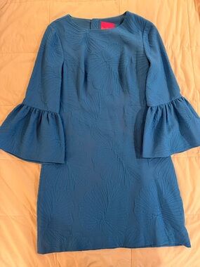 Lilly Pulitzer Teal Blue Textured Bell-Sleeve Mini Dress